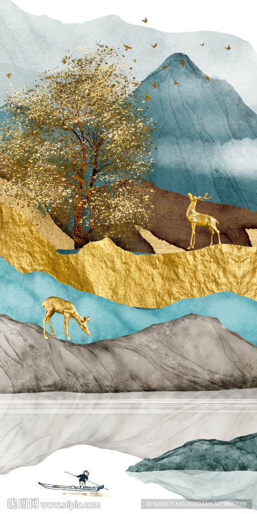 中式山水意境麋鹿抽象晶瓷装饰画