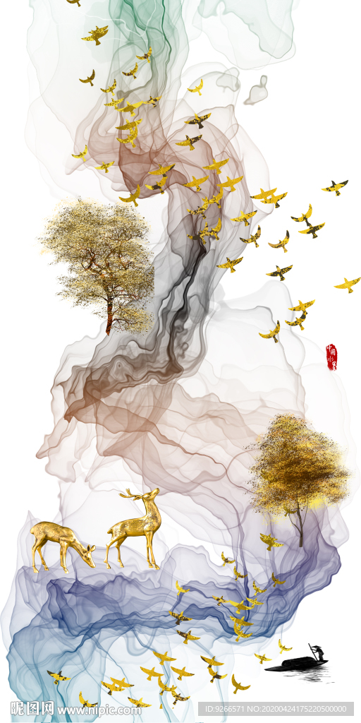 新中式麋鹿抽象玄关晶瓷装饰画