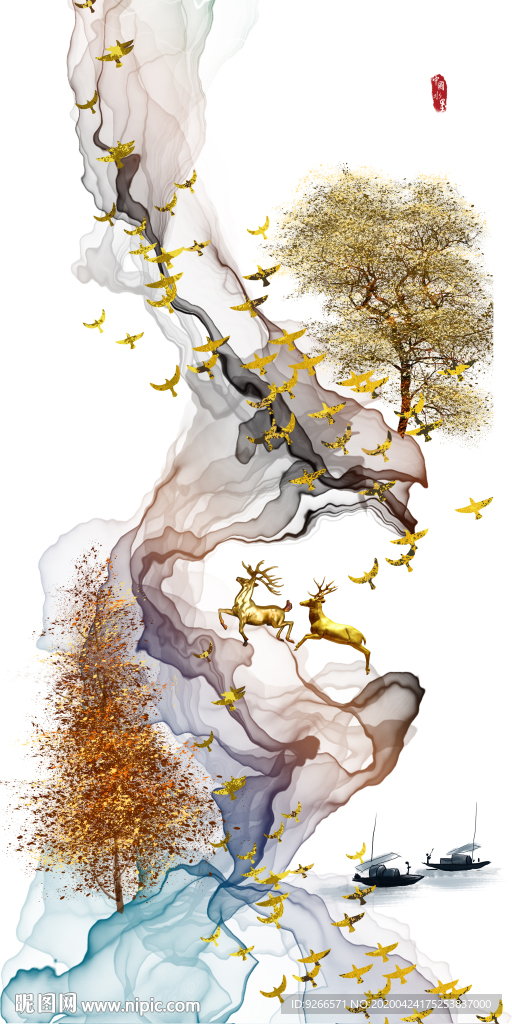 新中式麋鹿抽象玄关晶瓷装饰画