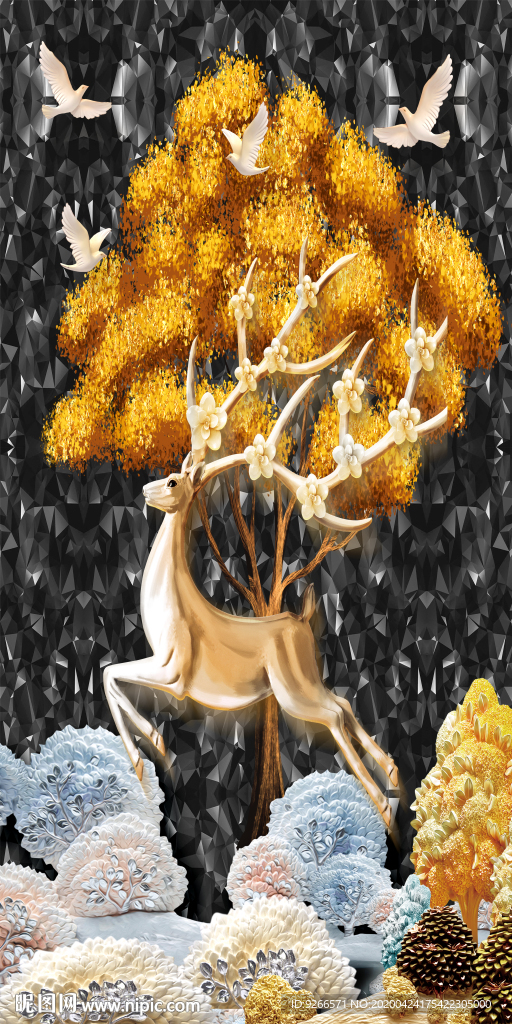 新中式麋鹿抽象玄关晶瓷装饰画