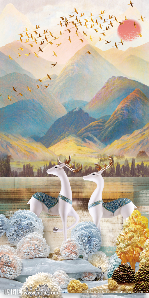 新中式麋鹿抽象玄关晶瓷装饰画
