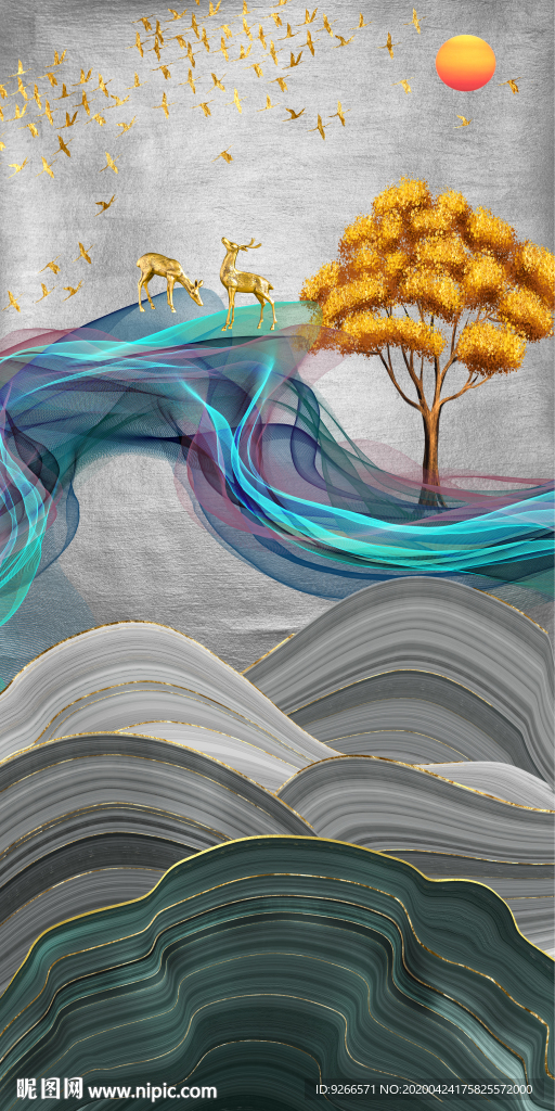 新中式现代麋鹿玄关晶瓷装饰画