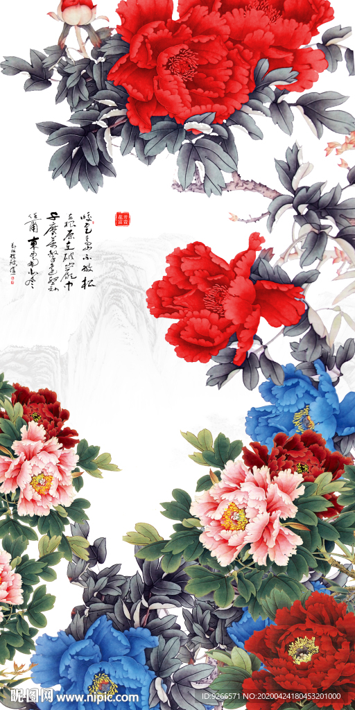 新中式现代牡丹花玄关晶瓷装饰画