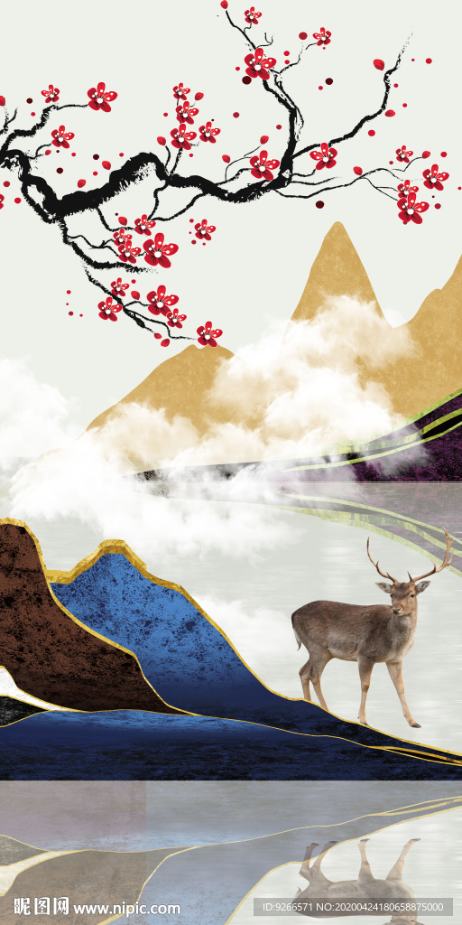 新中式现代麋鹿玄关晶瓷装饰画