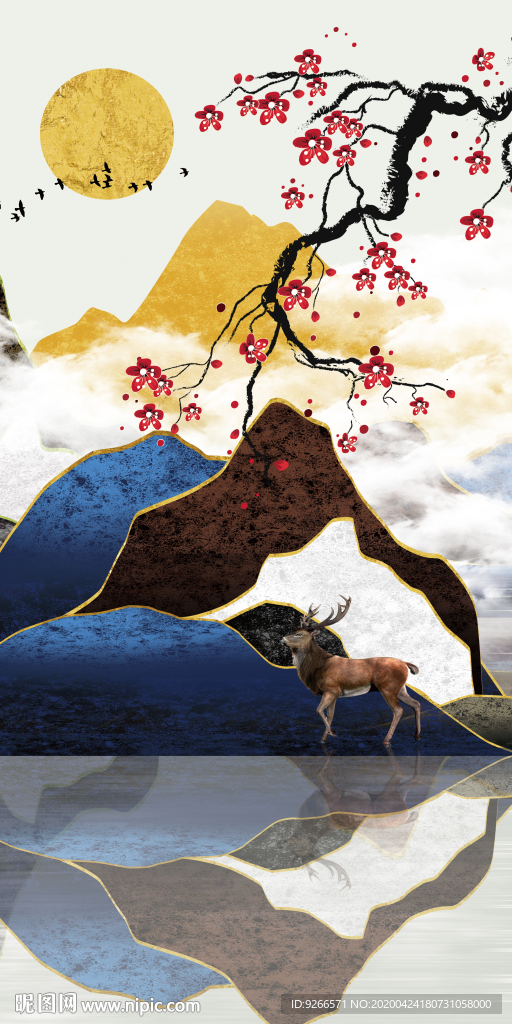 新中式现代麋鹿玄关晶瓷装饰画
