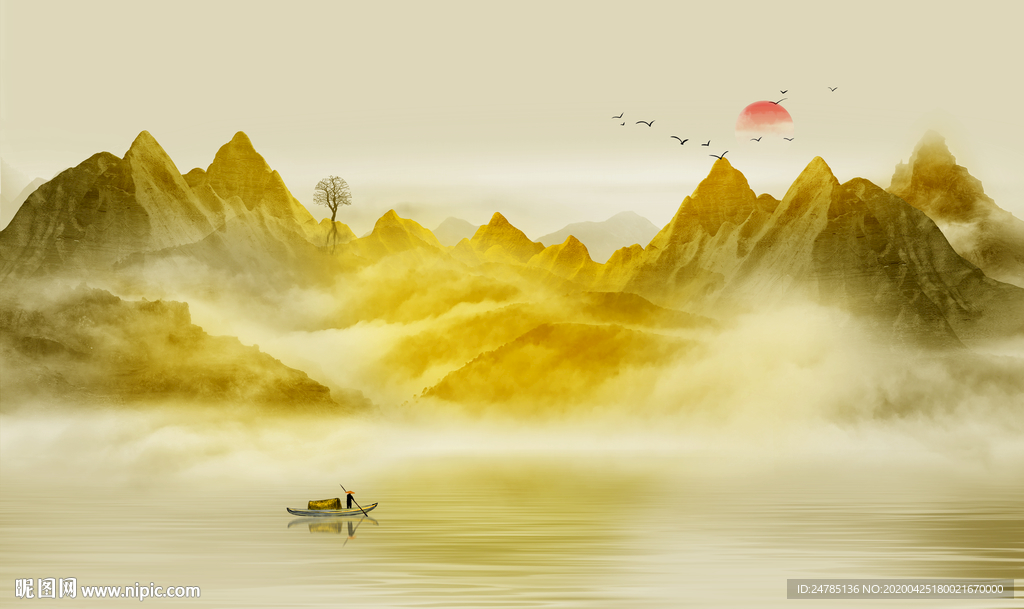 金色水墨山水画