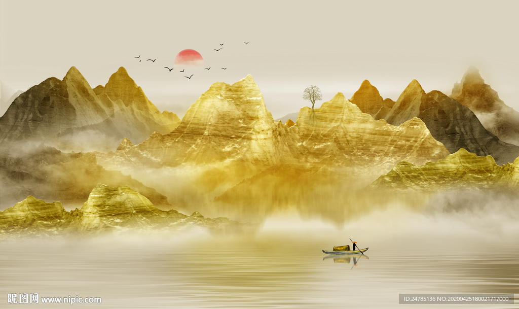 金色水墨山水画