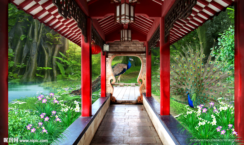 草地走道3D电视背景墙
