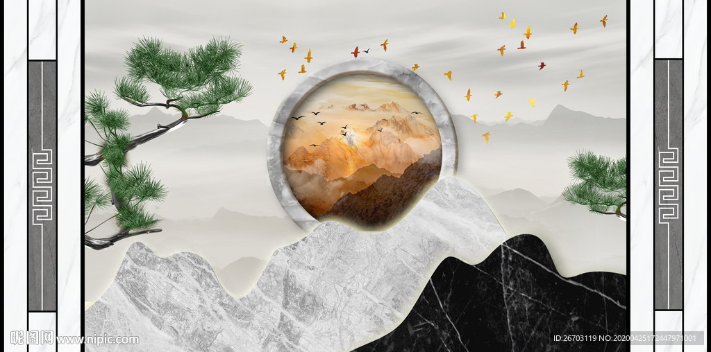 新款爆款水刀镶嵌山水画背景墙