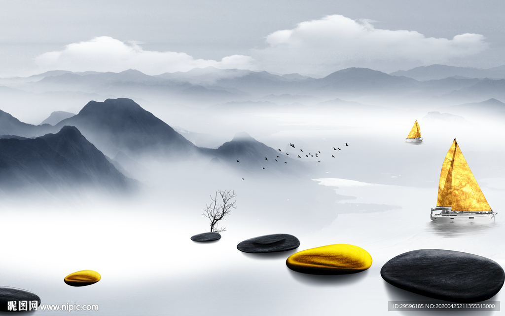 金色轻奢山水画 tif分层