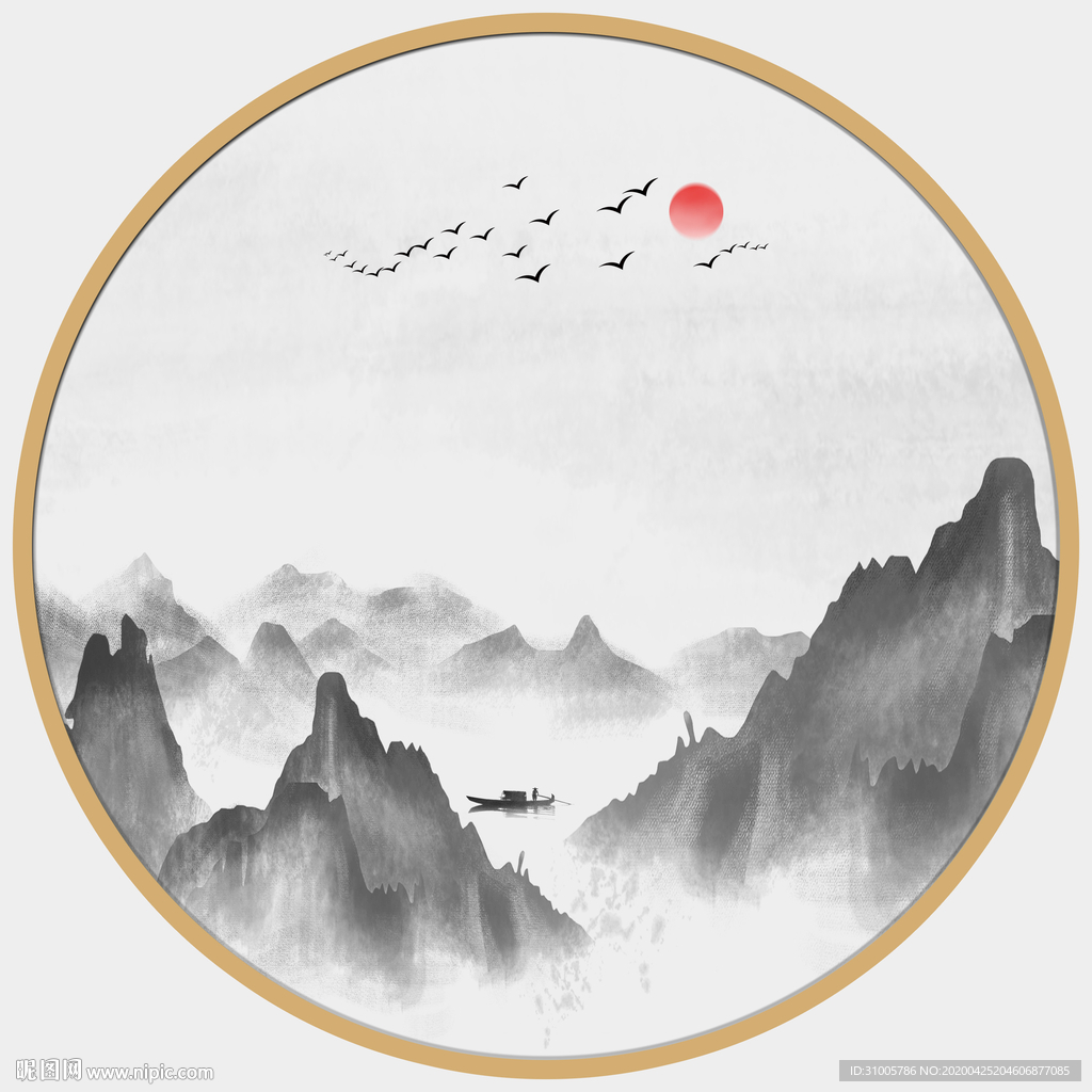 圆形水墨画圆形山水画圆形装饰画