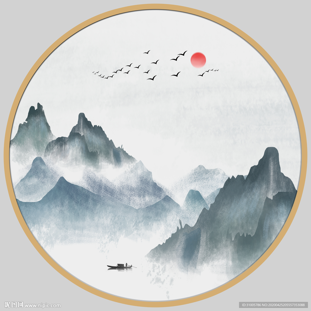 yy圆形山水画圆形水墨画圆形装