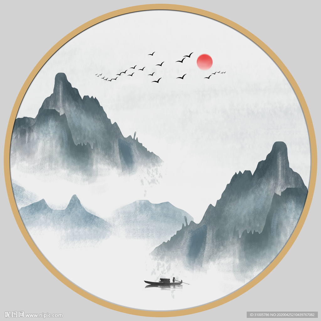 圆形山水画圆形水墨画圆形装饰画