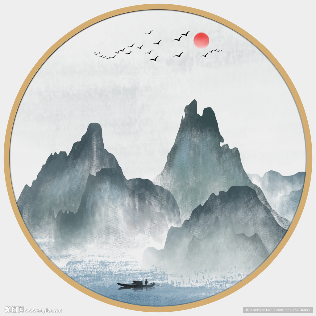 圆形山水画圆形装饰画金色山水