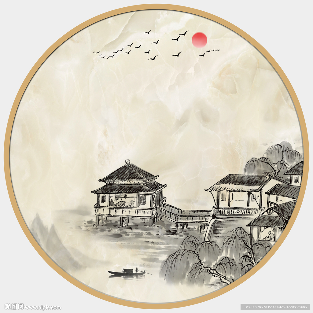 圆形山水画元形装饰画金色山水