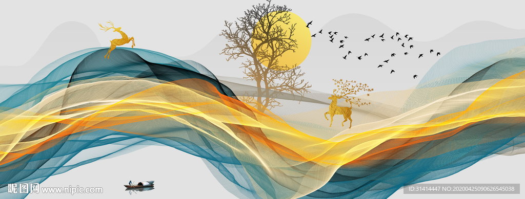 新中式山水线条麋鹿装饰画