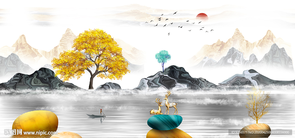 中式石来运转麋鹿抽象晶瓷装饰画