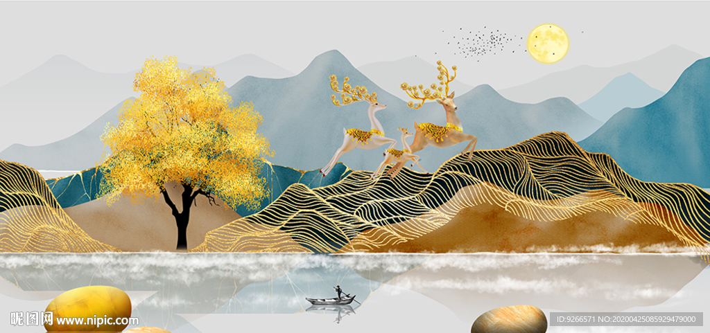 中式石来运转麋鹿抽象晶瓷装饰画