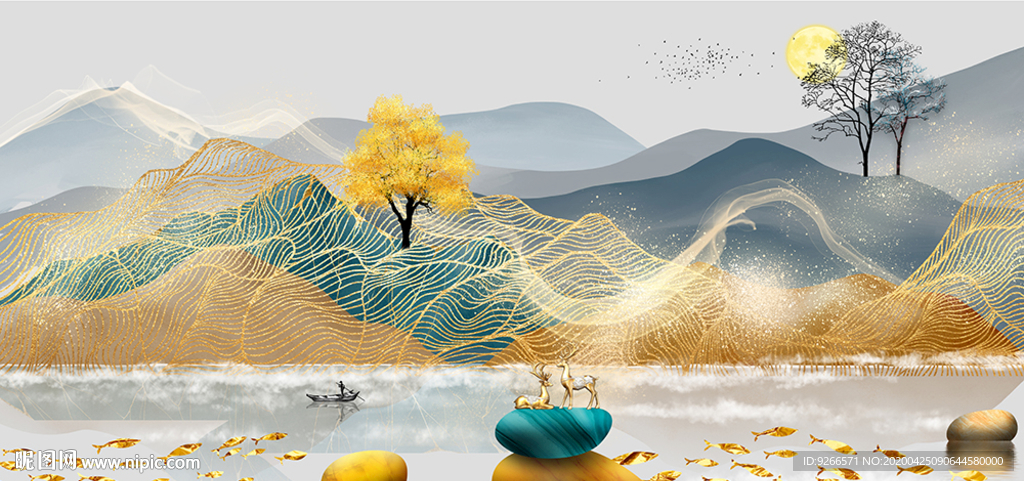 中式石来运转麋鹿抽象晶瓷装饰画