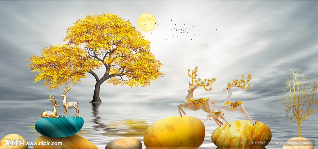 中式石来运转麋鹿抽象晶瓷装饰画