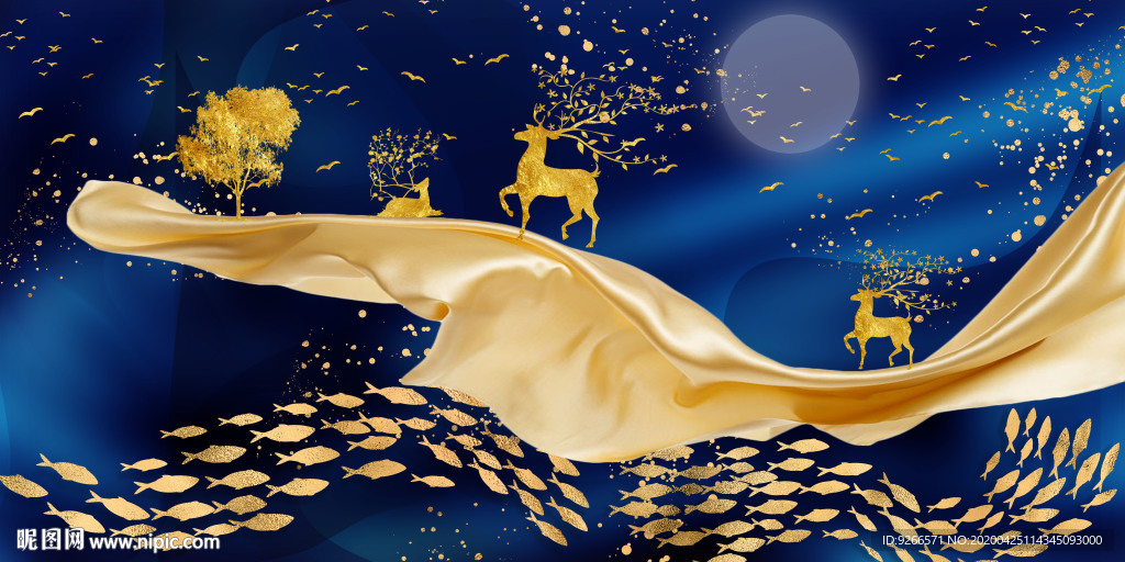 新中式麋鹿清新抽象晶瓷画装饰画