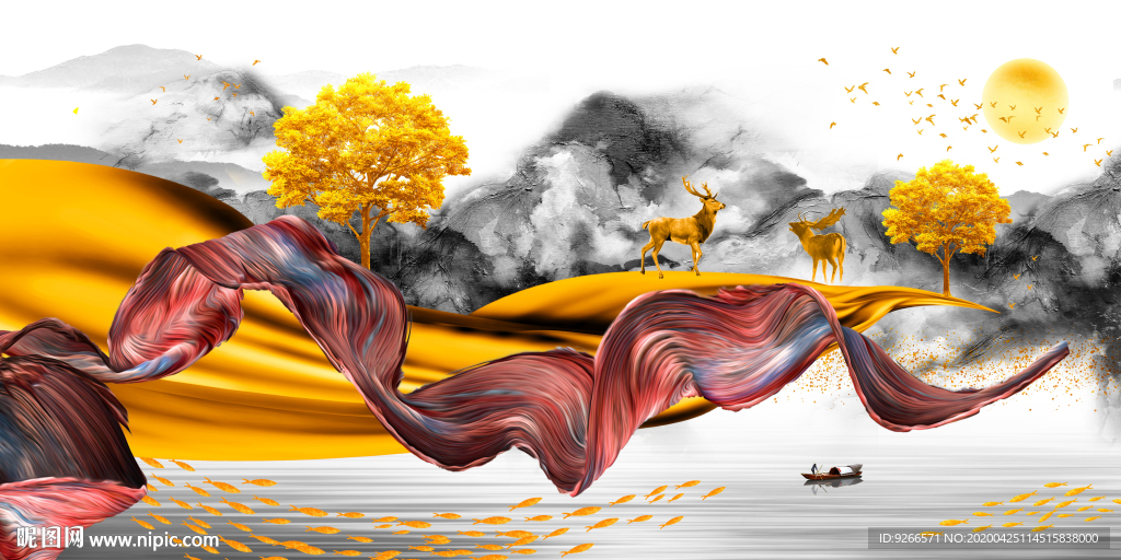 新中式麋鹿清新抽象晶瓷画装饰画