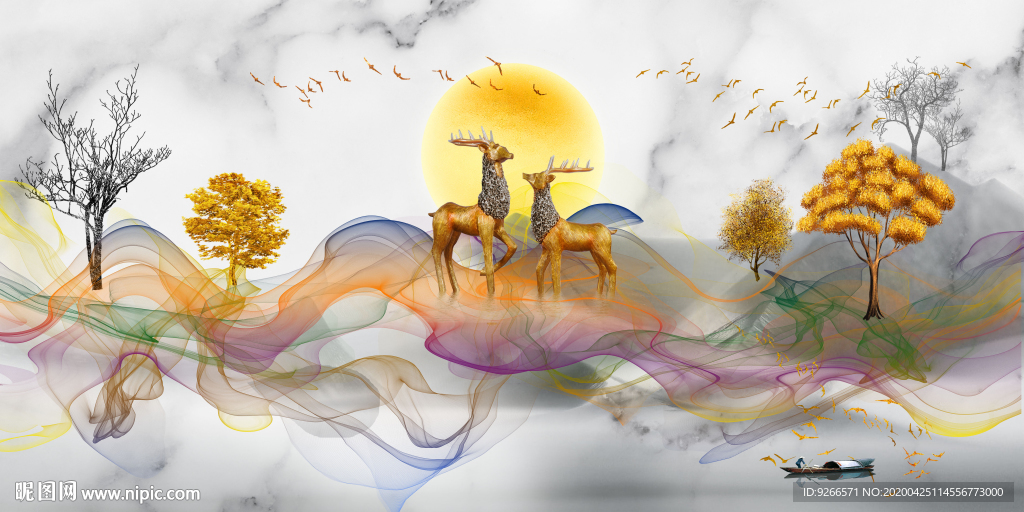 新中式麋鹿清新抽象晶瓷画装饰画