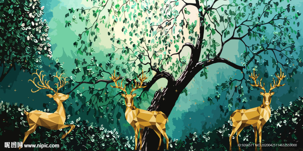 新中式麋鹿清新抽象晶瓷画装饰画