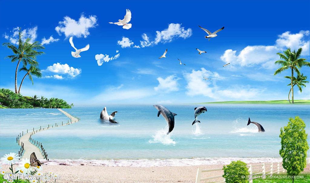 3D热带海豚阳光沙滩电视背景墙