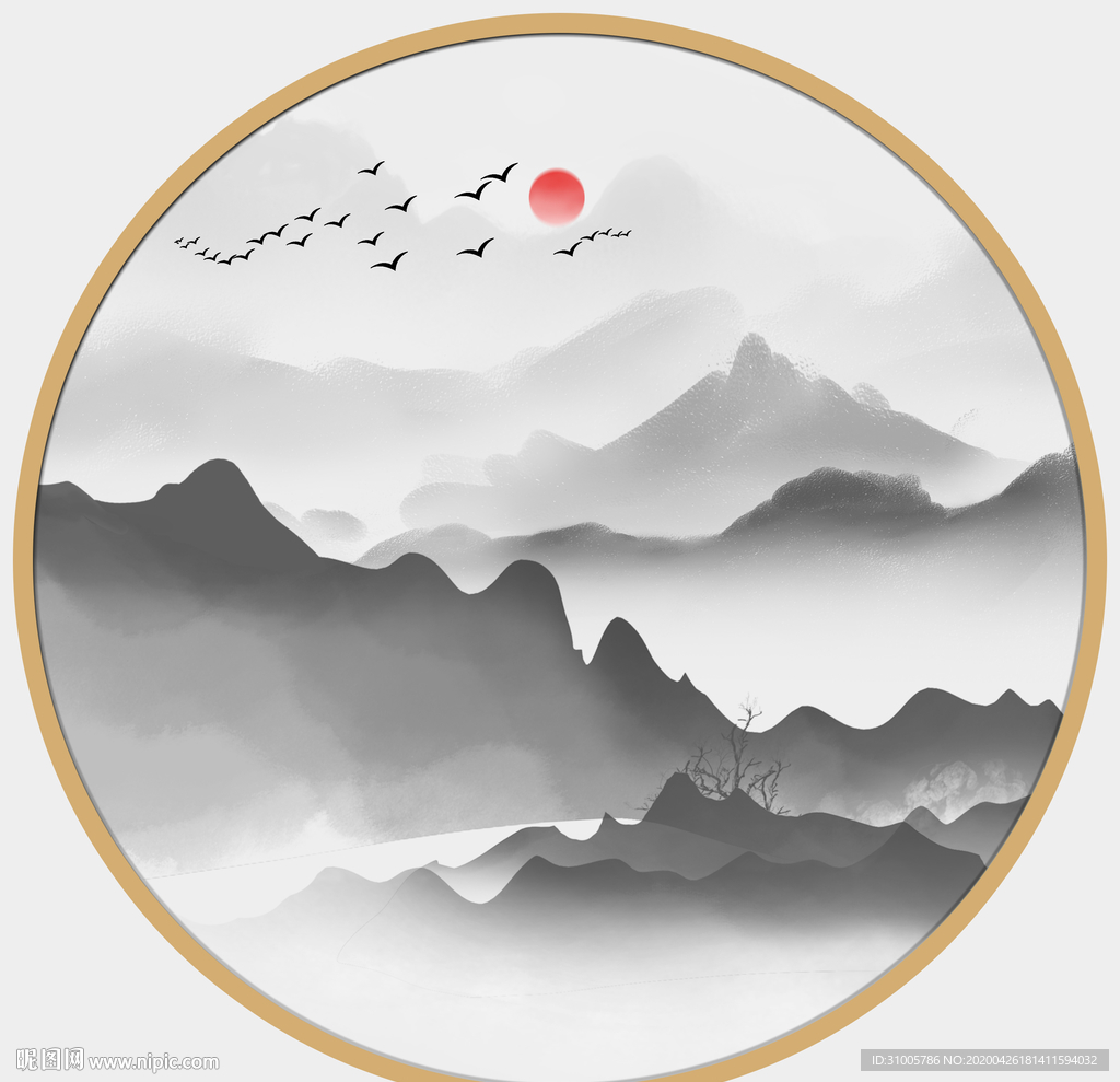 圆形山水画圆形水墨画圆形装饰画
