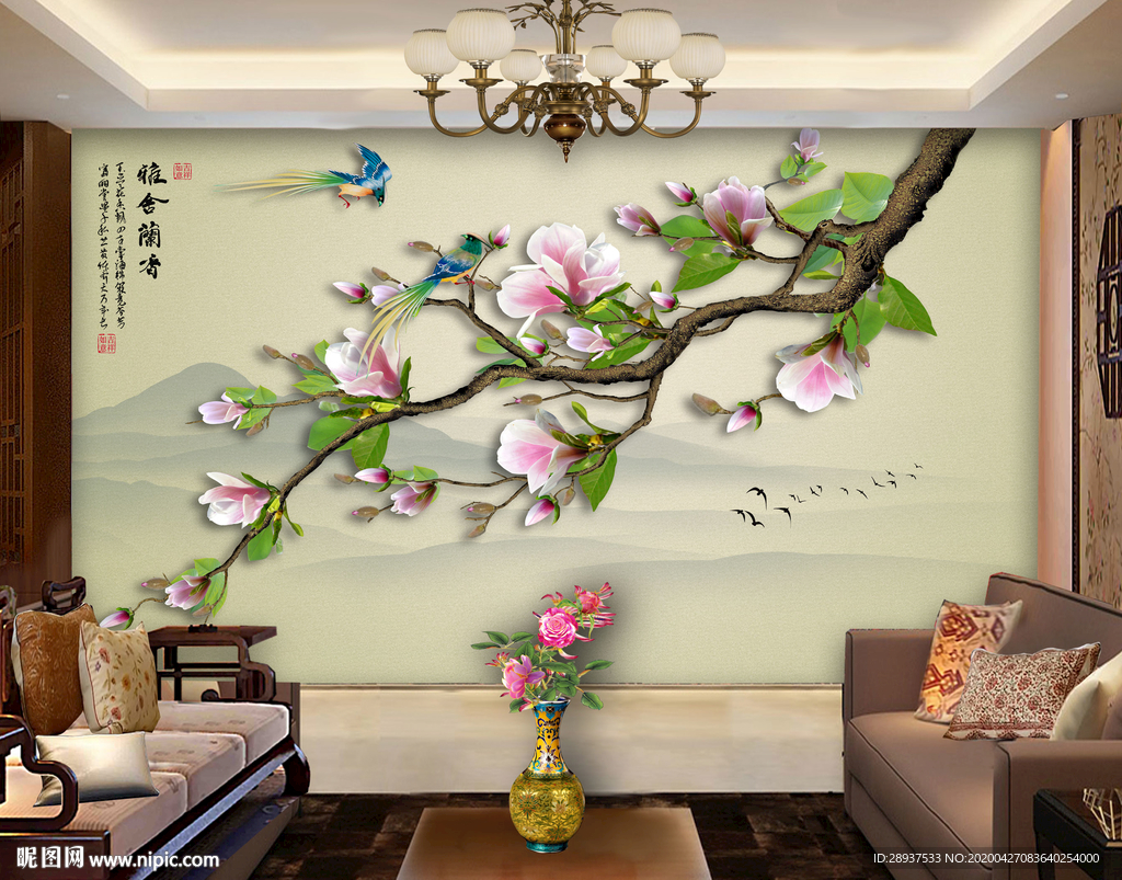 原创玉兰喜鹊雅啥兰香背景墙