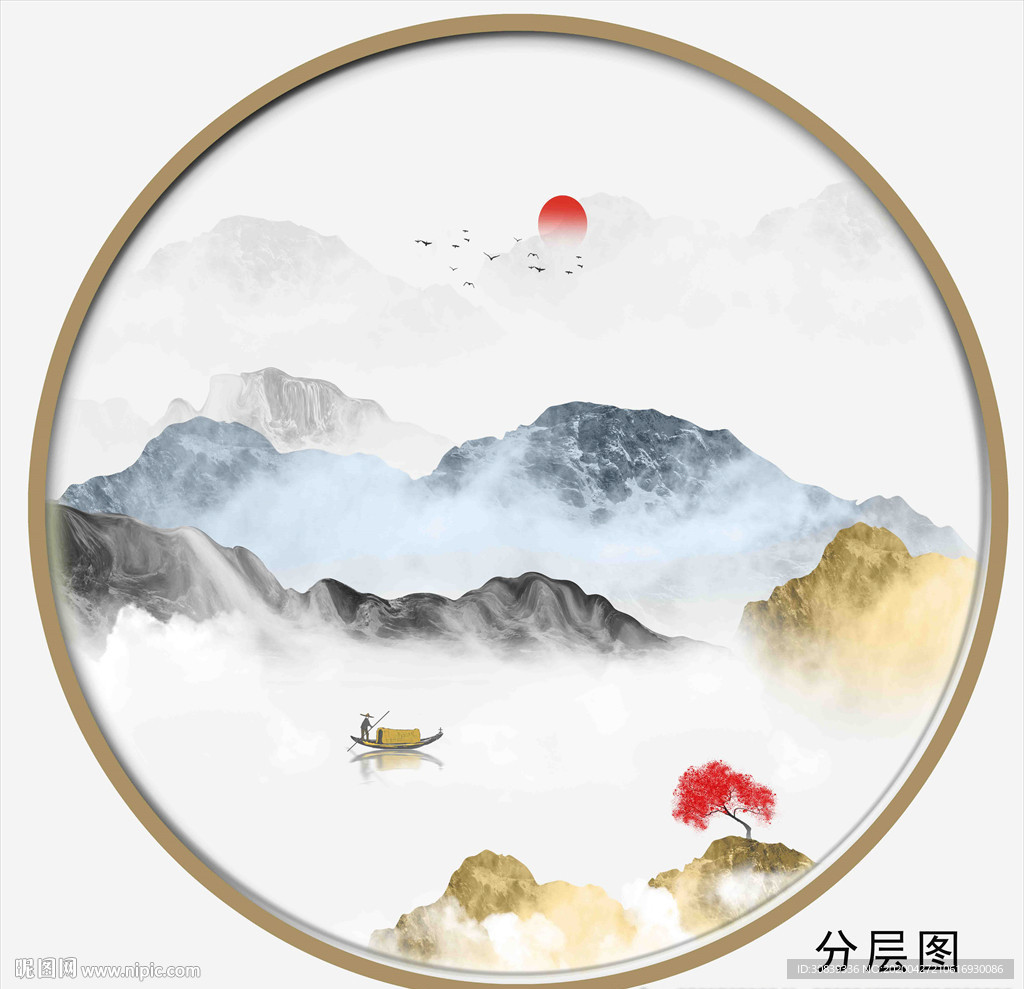 圆形抽象画 装饰画 山水
