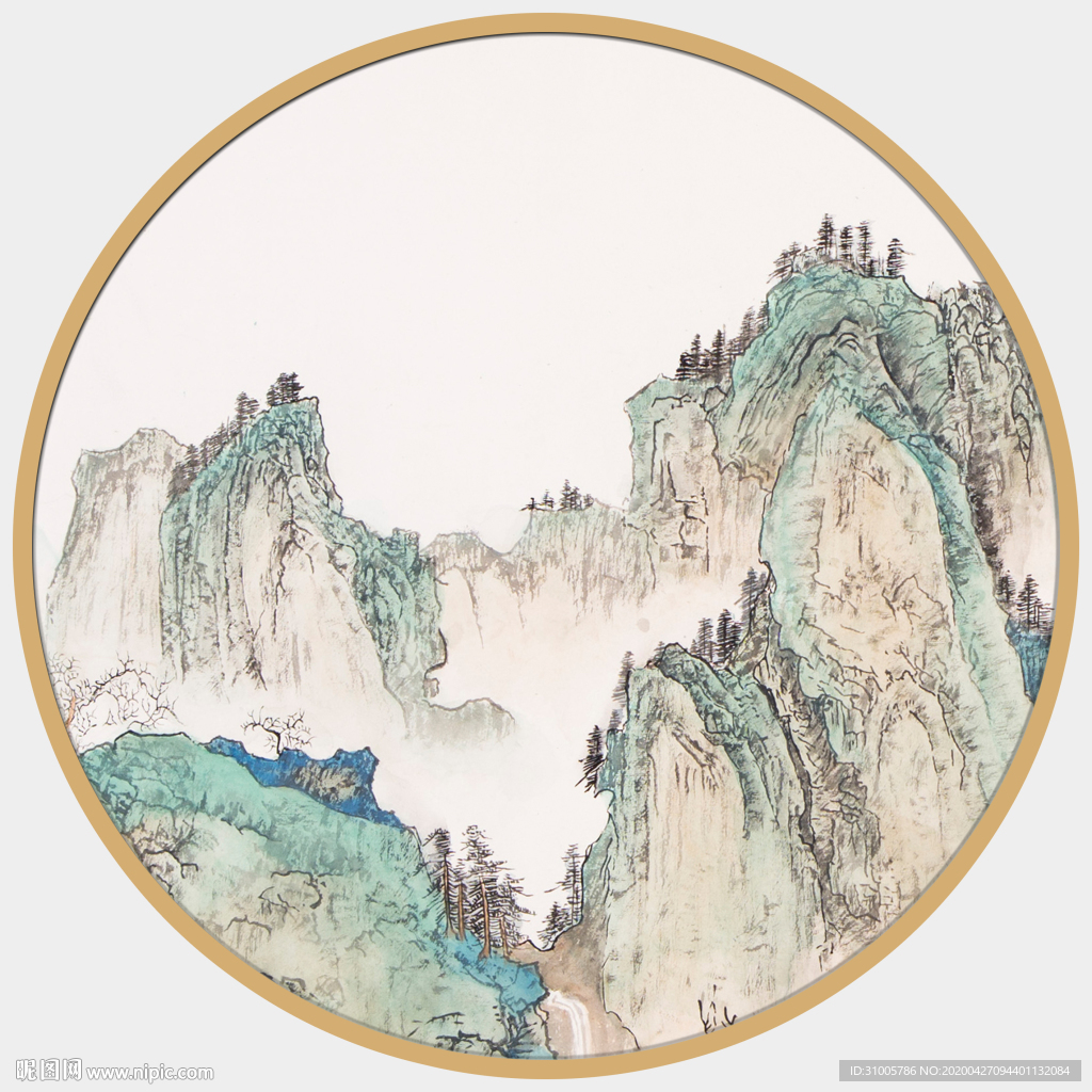 圆形山水画圆形水墨画圆形装饰画