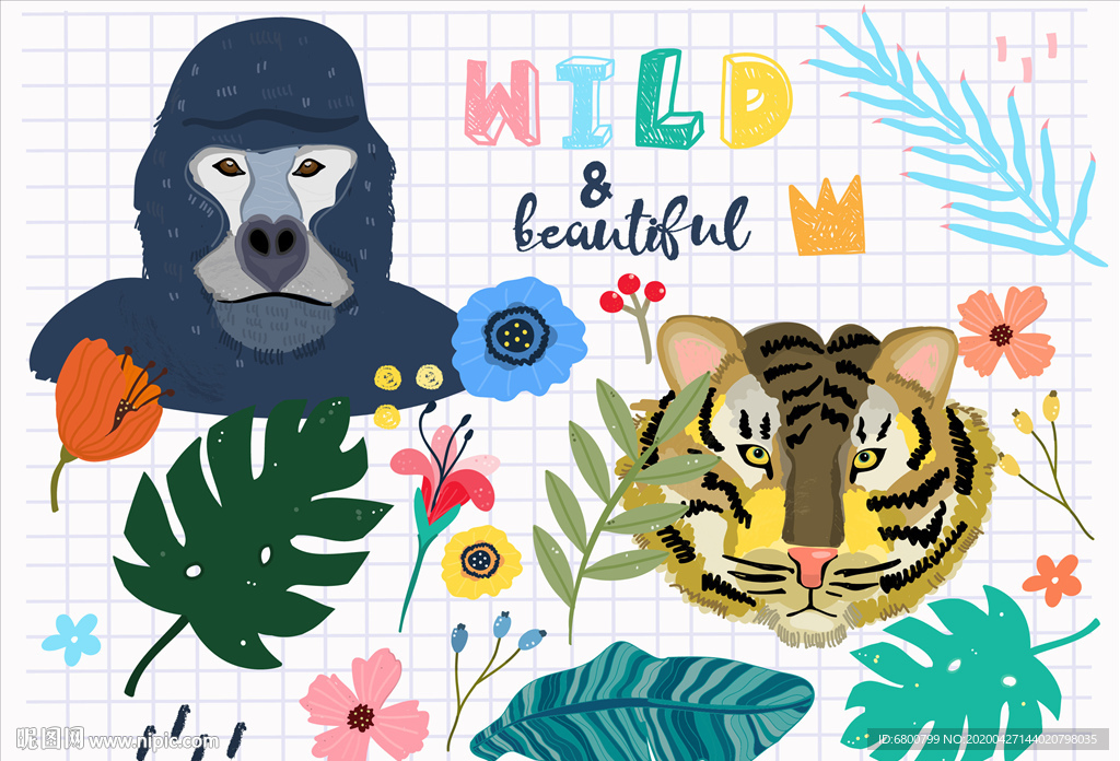 手绘狮子猩猩花草叶子小清新树叶