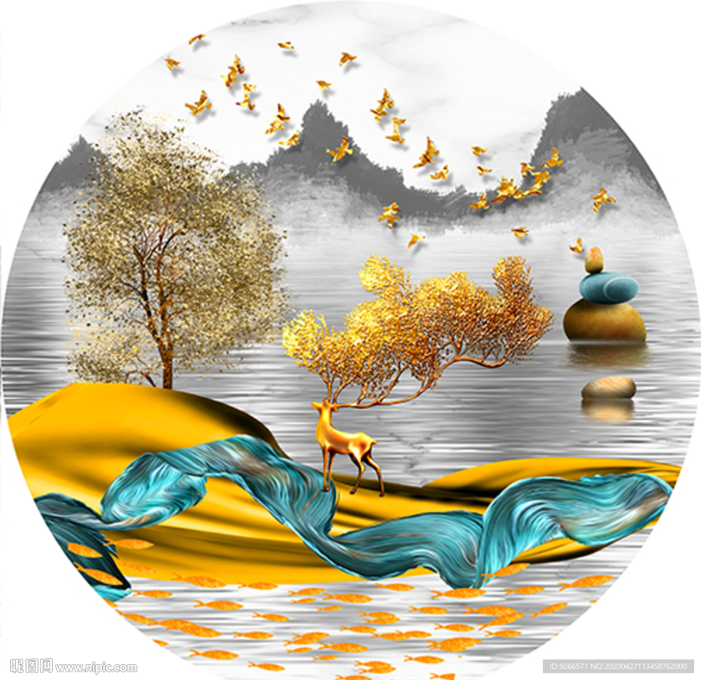 新中式麋鹿石来运转晶瓷画装饰画