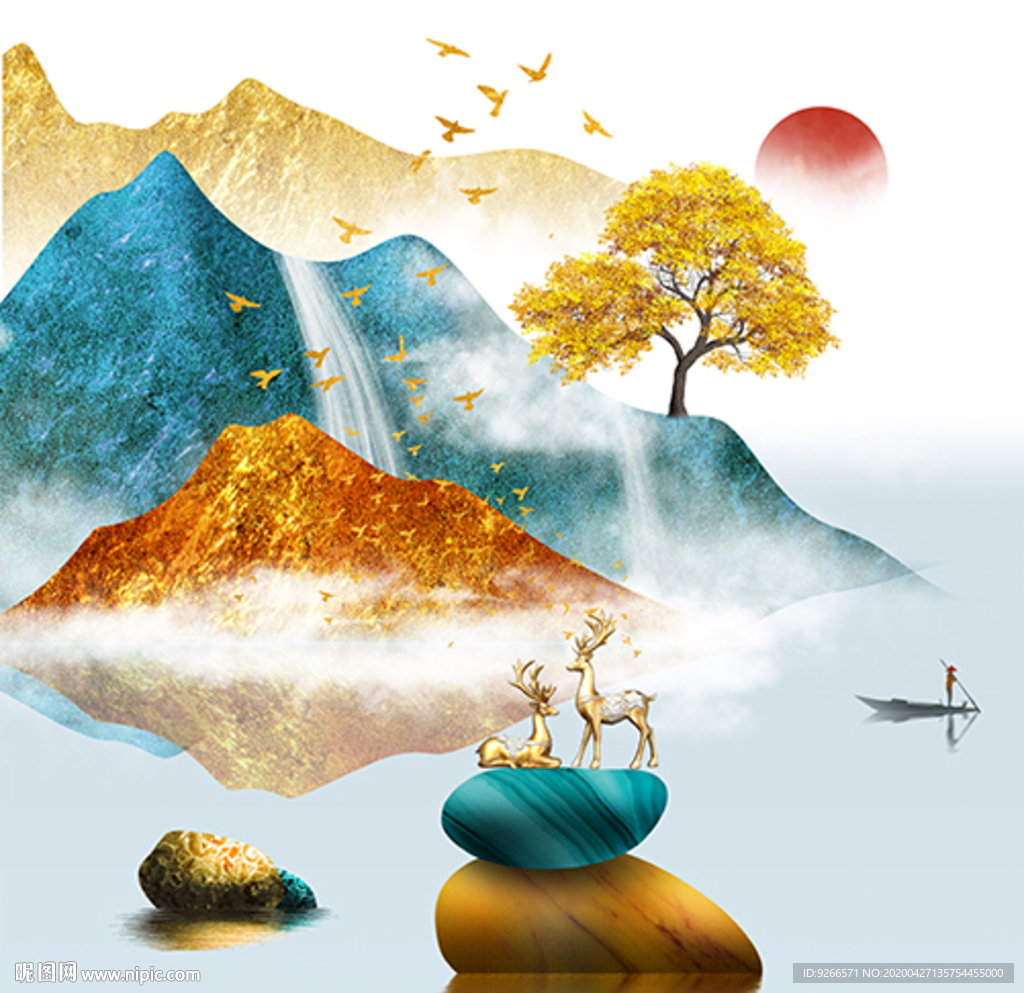 新中式麋鹿石来运转晶瓷画装饰画
