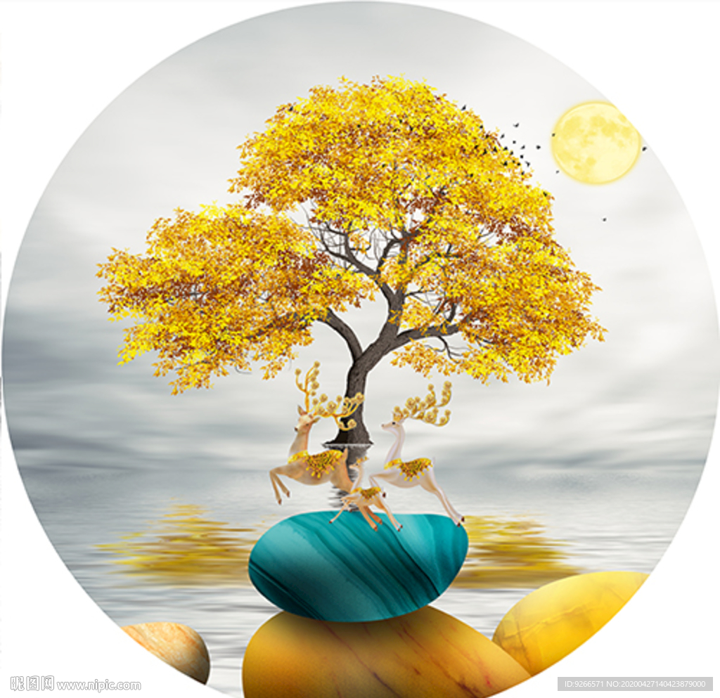 新中式麋鹿石来运转晶瓷画装饰画