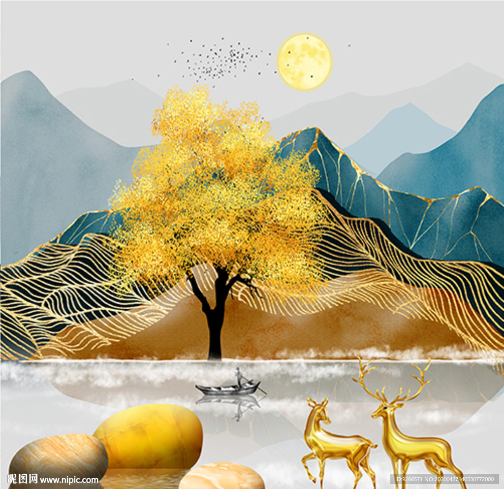 新中式麋鹿石来运转晶瓷画装饰画