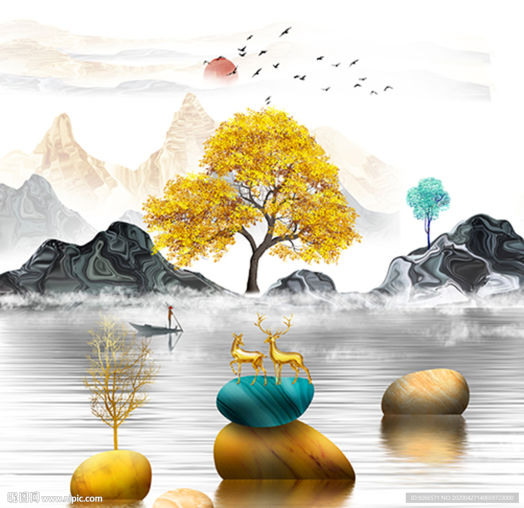 新中式麋鹿石来运转晶瓷画装饰画