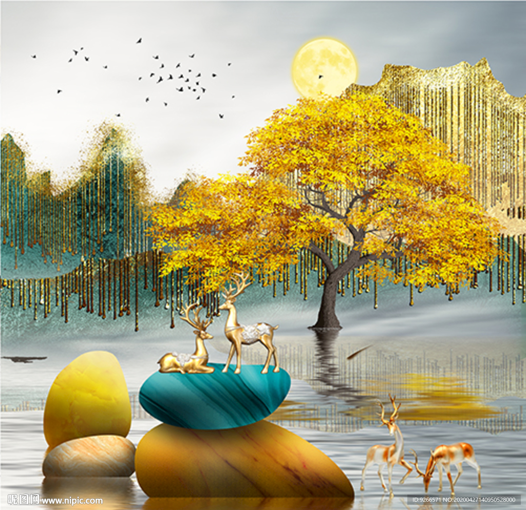 新中式麋鹿石来运转晶瓷画装饰画