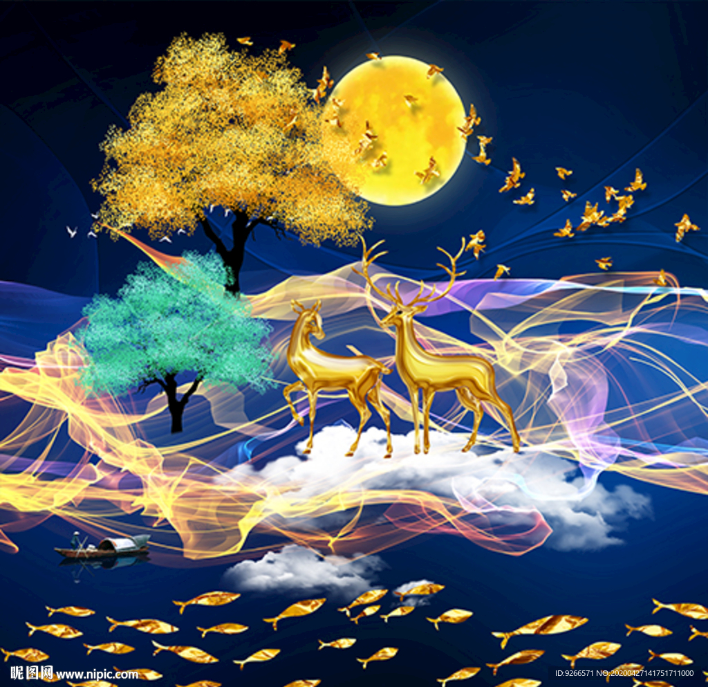 新中式麋鹿抽象晶瓷画装饰画