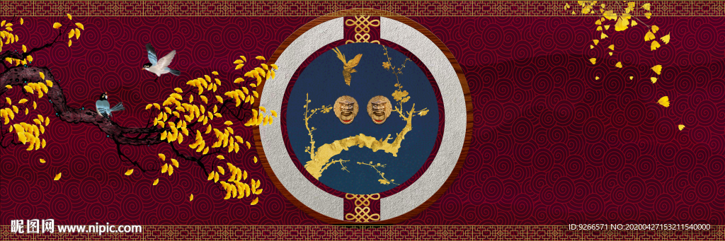 新中式横式花鸟抽象床头装饰画