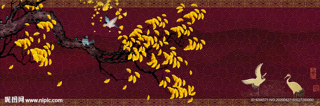 新中式横式花鸟抽象床头装饰画