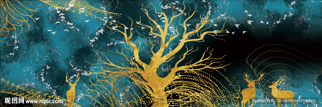 新中式横式麋鹿抽象床头装饰画