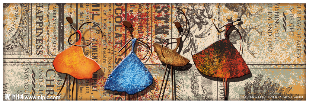 新中式横式人物抽象床头装饰画