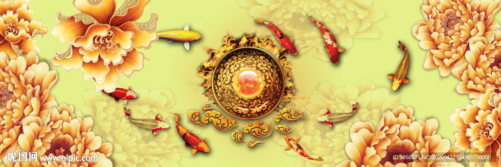 新中式横式九鱼图抽象床头装饰画