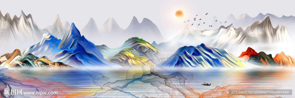 新中式横式山水抽象床头装饰画