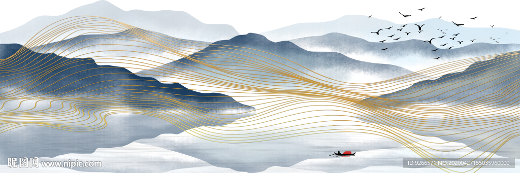 新中式横式山水抽象床头装饰画