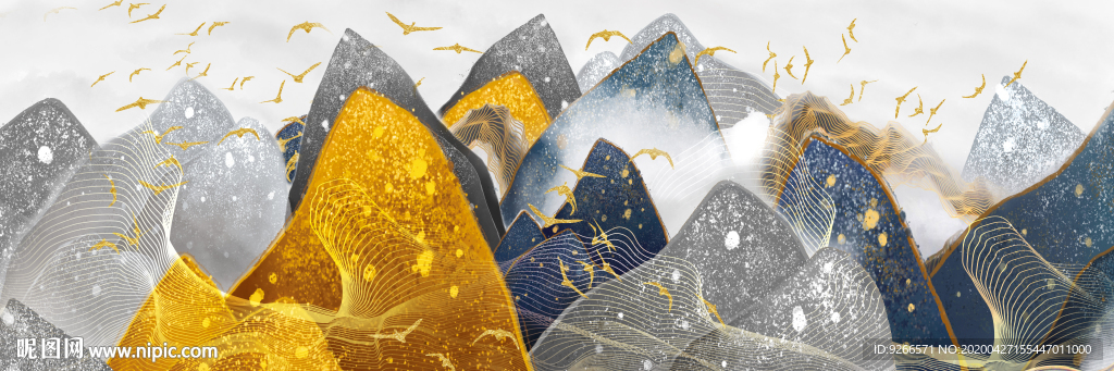 新中式横式山水抽象床头装饰画