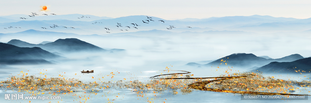 新中式横式山水抽象床头装饰画